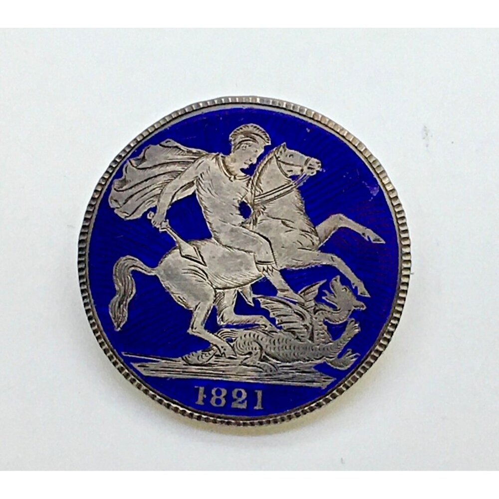 Great Britain 1821 George IV Dragon Silver Crown Brooch  Blue Enamel  Royalty